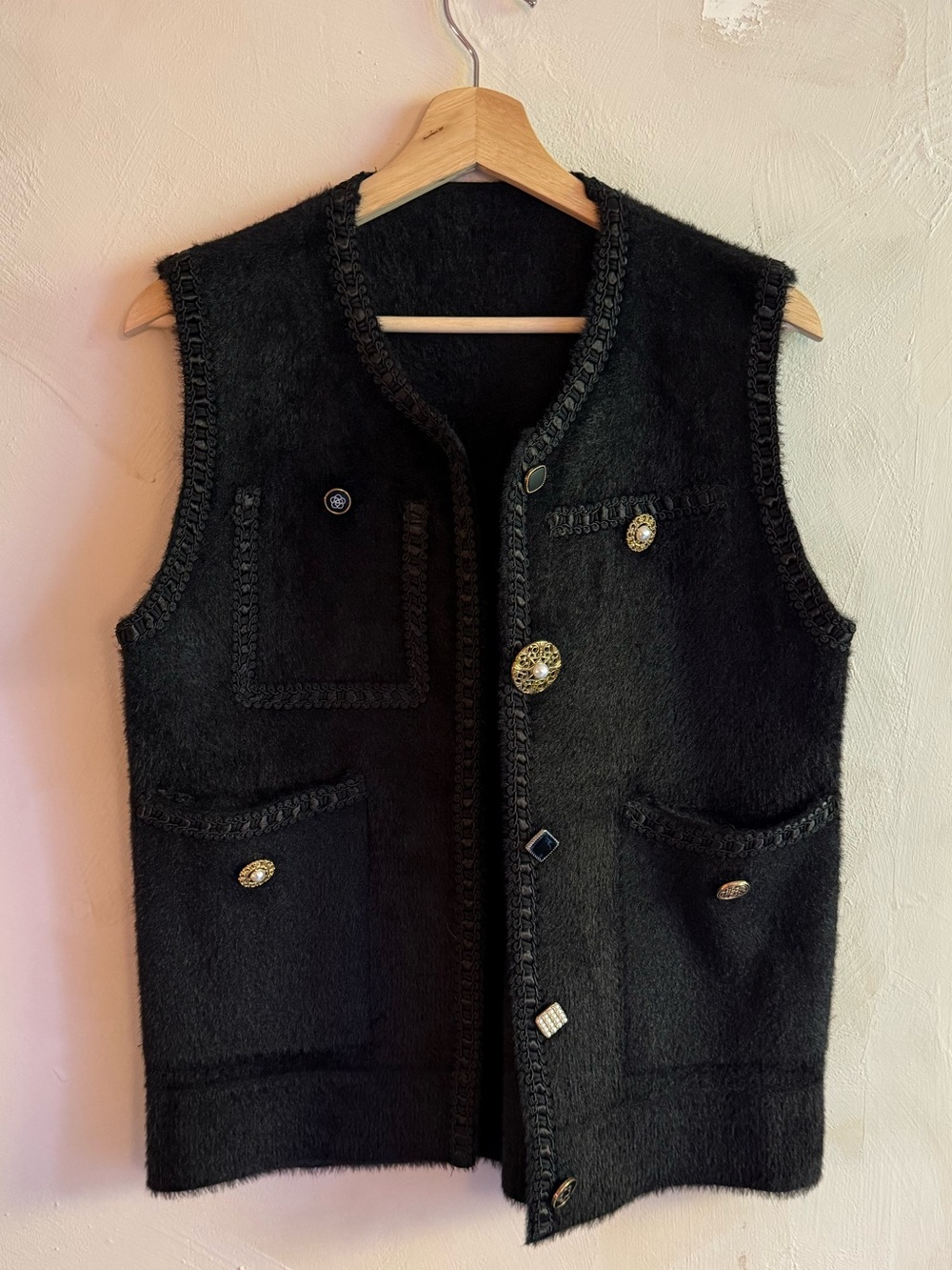 Muse by Rose | Fuzzy Black Vest | Ornate Jeweled Buttons | Vintage